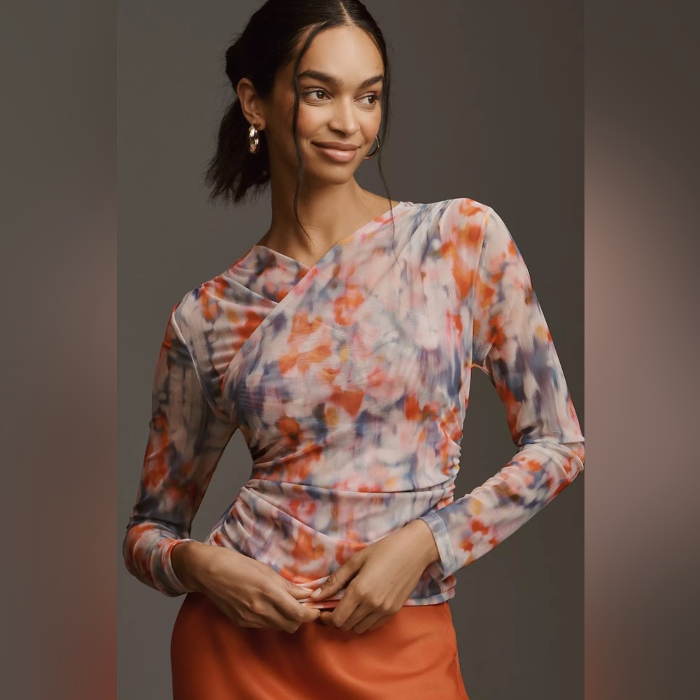 Anthropologie Long-Sleeve Crossover Mesh Top